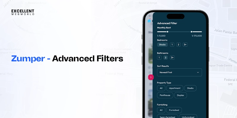 Advanced filter interface of a Zumper-like rental app showing options for monthly rent, bedrooms, and property type to improve search results.
