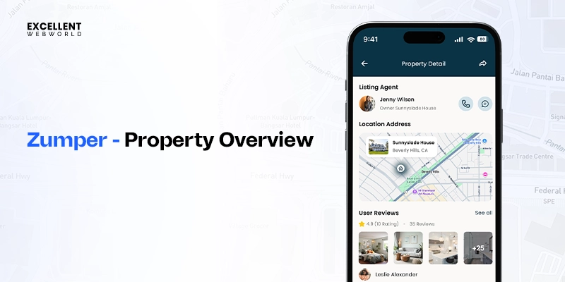 Comprehensive property detail screen of a Zumper-like rental app featuring listing agent info, a location map, and verified user reviews.