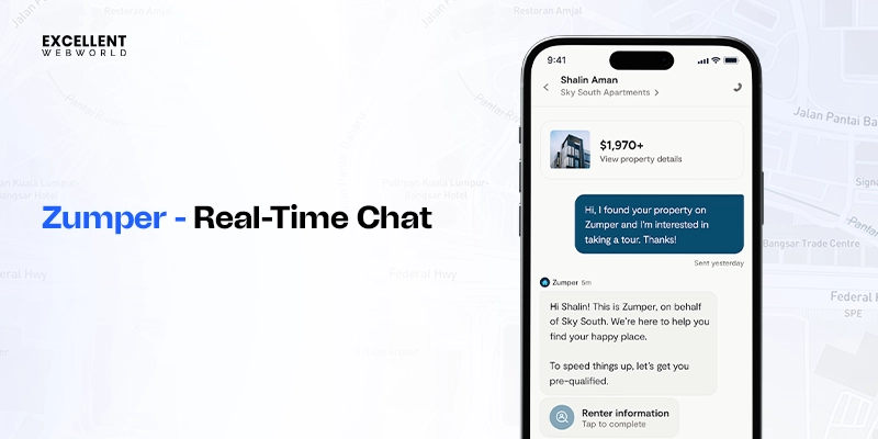 Real-time chat interface of a Zumper-like rental app facilitating direct communication between renters and property managers for tours.