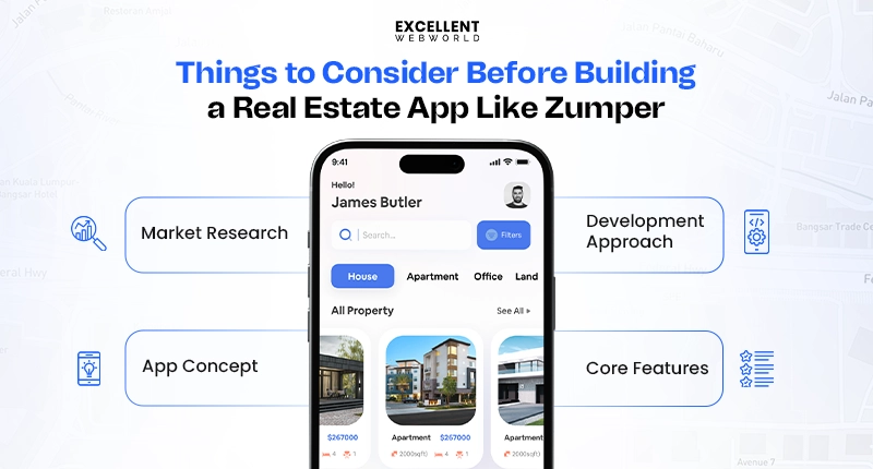 Key factors to consider before building a real estate app like Zumper, including market research, app concept, and core feature development.