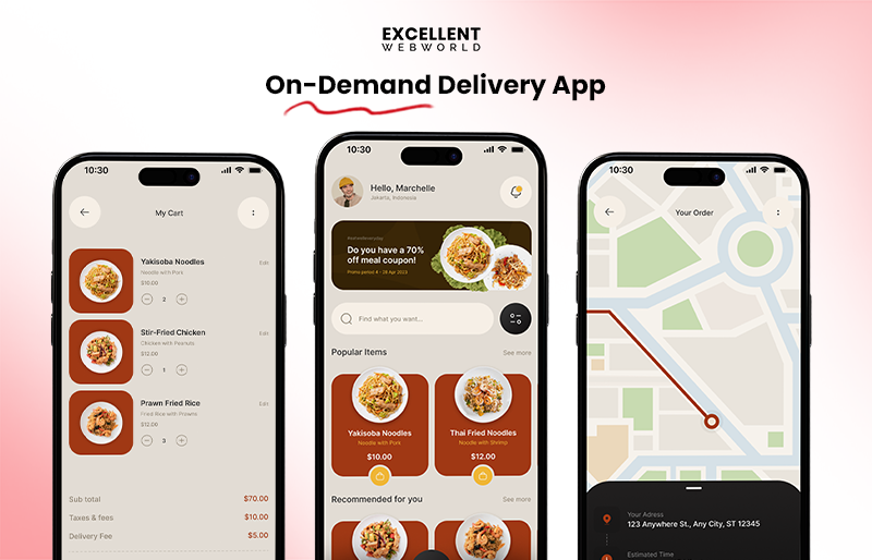 A 6-step diagram on how to build an on-demand delivery app, covering market research, business models, and scaling a marketplace business.