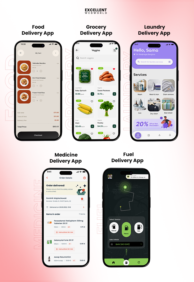User interface designs for on-demand delivery app ideas including food, grocery, laundry, medicine, and fuel delivery mobile applications.