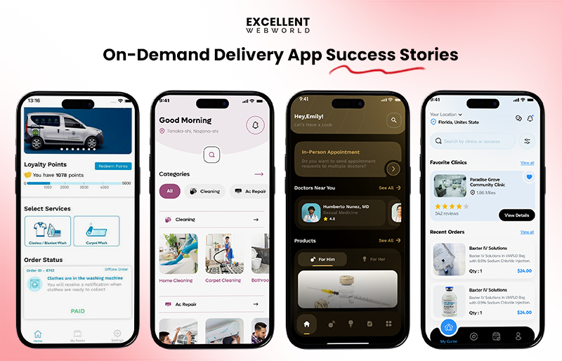 Showcase of on-demand delivery app success stories featuring mobile UI designs for laundry, home cleaning, healthcare, and medical services.