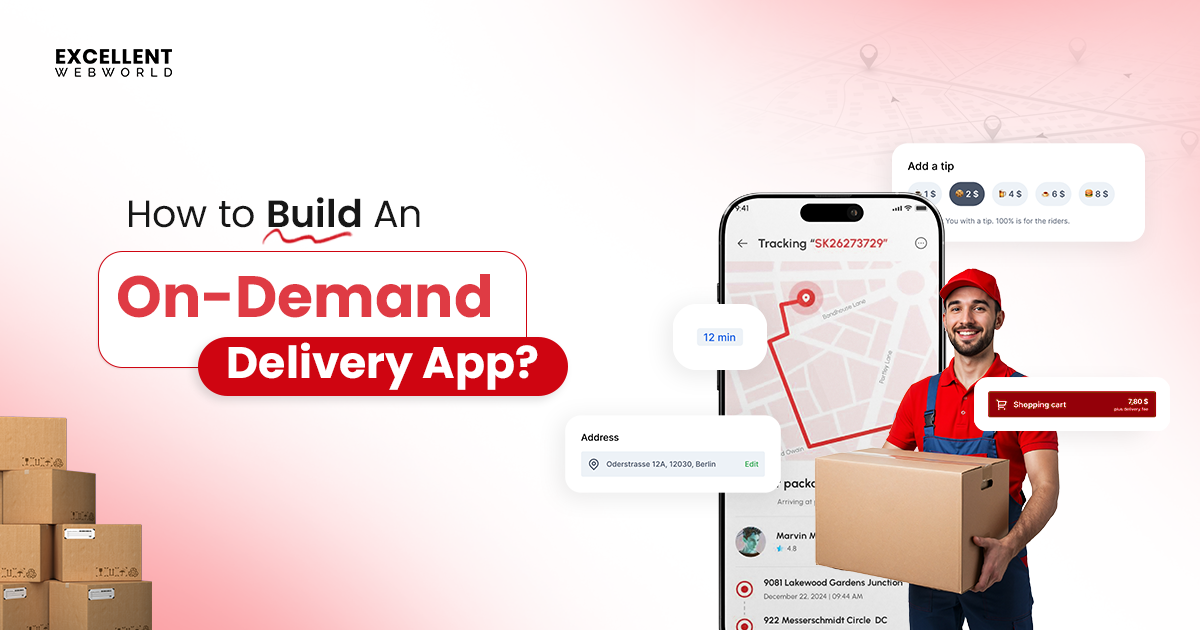 Showcase of an on-demand delivery app UI on three smartphones, featuring a food menu, shopping cart, and live order tracking map interface.