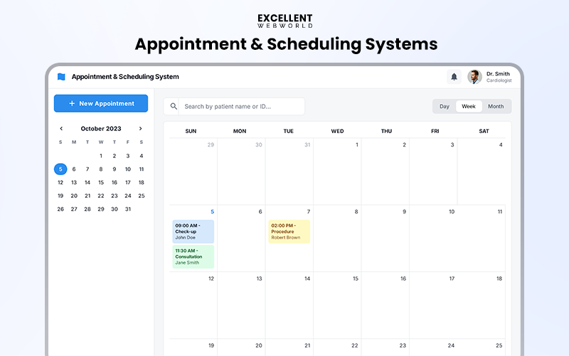 User interface for an appointment and scheduling system dashboard displaying a monthly medical calendar for a cardiology clinic.
