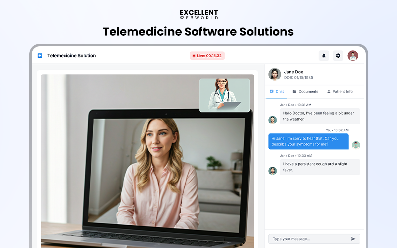Telemedicine software solutions interface displaying a live video consultation between a doctor and patient with integrated chat and records.