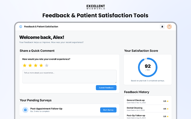 Feedback & Patient Satisfaction dashboard displaying a star-rating system, a satisfaction score, and a list of pending surveys.