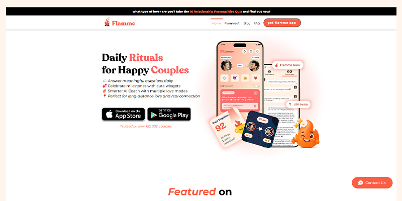 screenshot of Flamme, a daily relationship app with guided prompts and activities