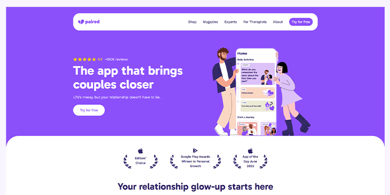 screenshot of Paired, a relationship communication and daily connection app interface