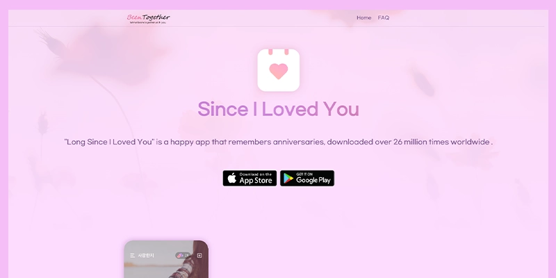 screenshot of BeenTogether, a love days and relationship milestone tracker app