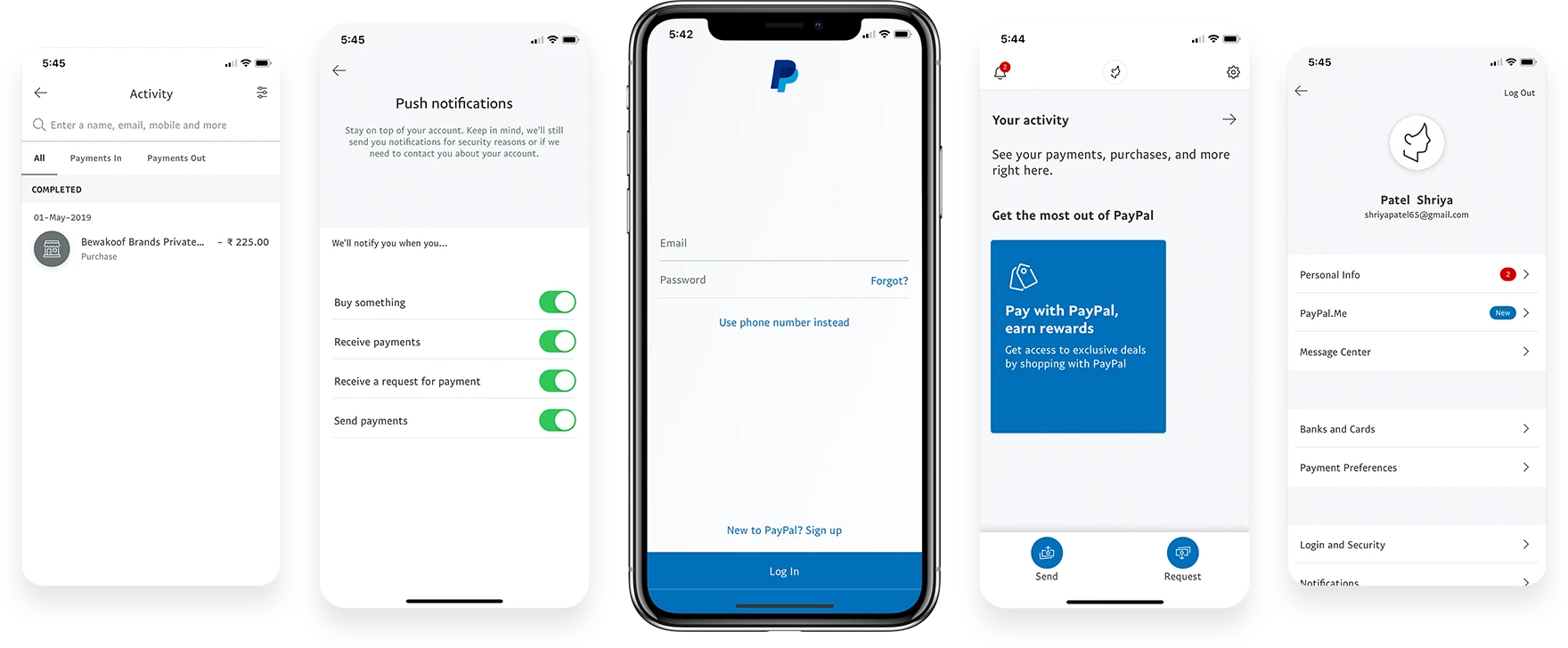 Screenshots of the PayPal App