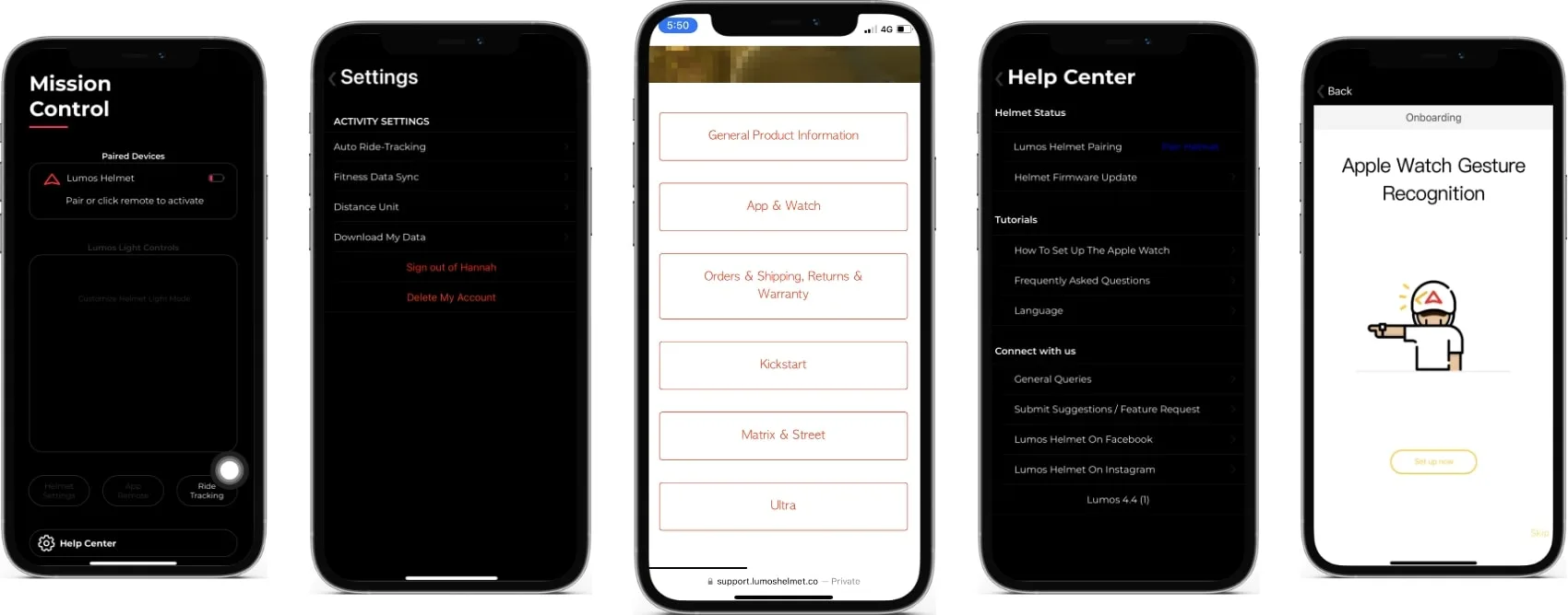 Screenshots of Lumos Helmet App