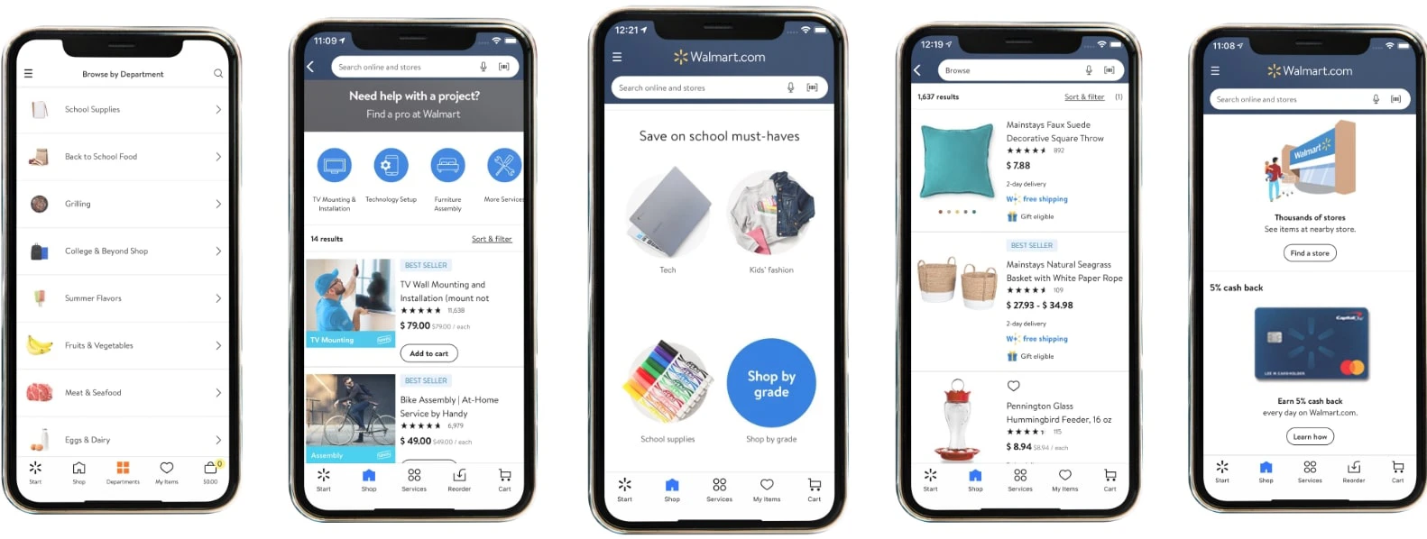 screenshots of the walmart mobile app