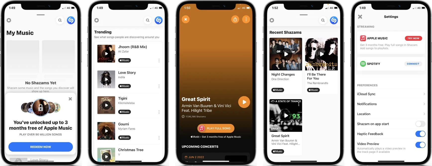 Screenshots of the Shazam Music App