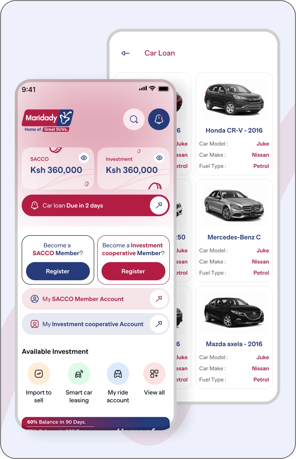 Maridady Motors Financial app ui